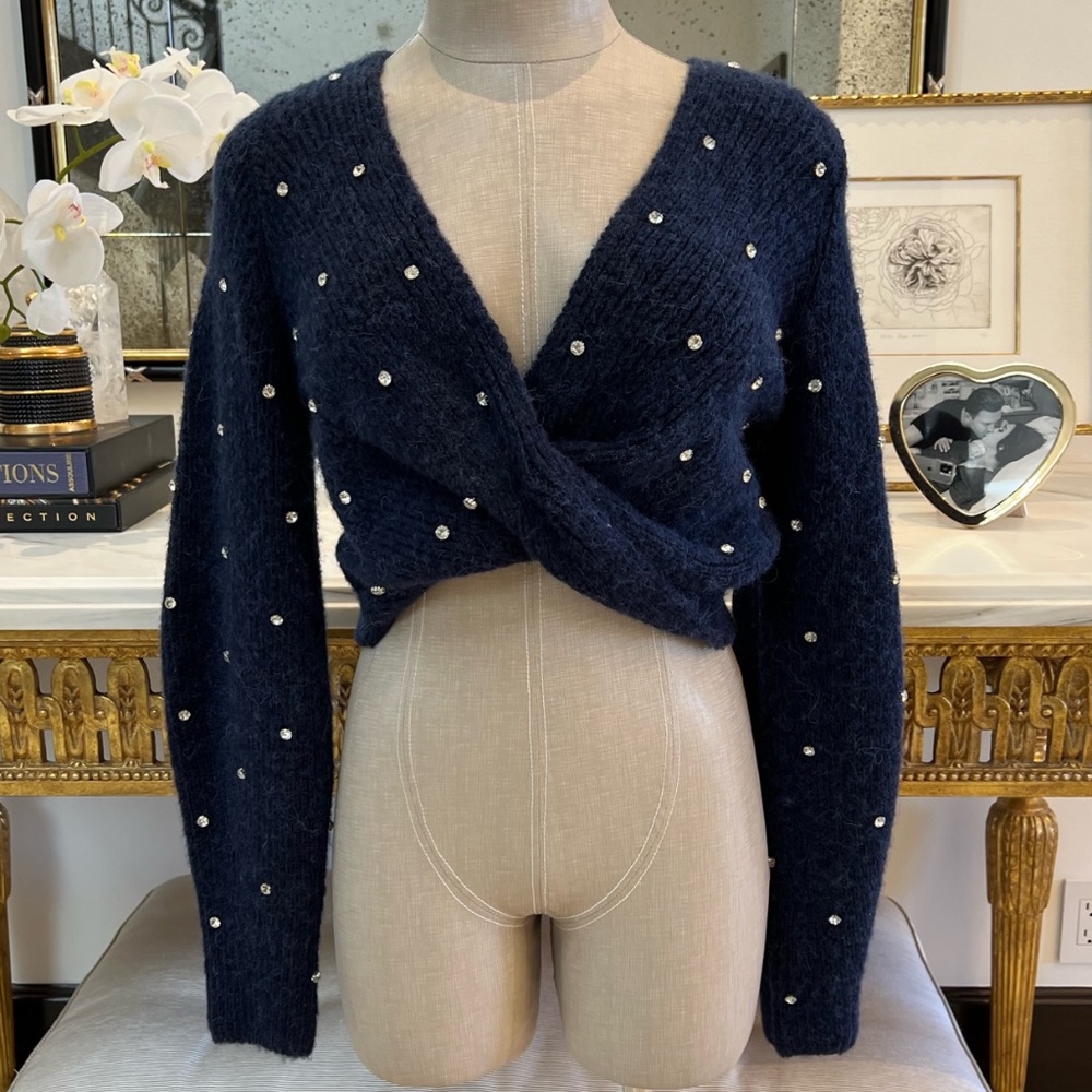 Blue Wool Blend Crop Sweater with Crystals